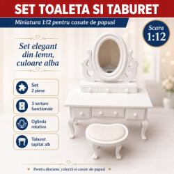 Hobbyplanet Set toaleta cu oglinda rotativa si taburet alb, miniatura 1: 12 pentru casute de papusi (V23704SET)