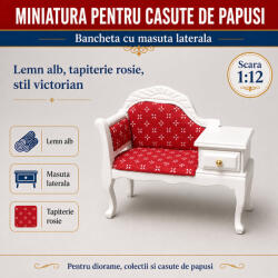 Hobbyplanet Bancheta miniaturala cu masuta laterala si tapiterie rosie, scara 1: 12 pentru casute de papusi (V23763)