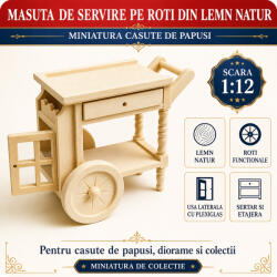 Hobbyplanet Masuta de servire pe roti din lemn natur, miniatura 1: 12 pentru casute de papusi (V22086)
