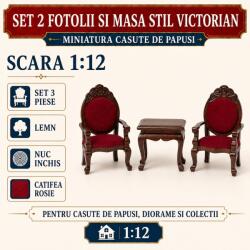 Hobbyplanet Set 2 fotolii si masa stil victorian din lemn nuc inchis, miniatura 1: 12 pentru casute de papusi (V23257)