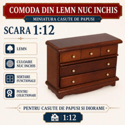 Hobbyplanet Comoda din lemn nuc inchis cu sertare functionale, miniatura 1: 12 pentru casute de papusi (CC27013)