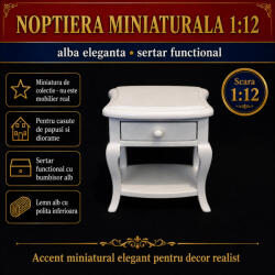 Hobbyplanet Noptiera alba din lemn cu sertar functional, miniatura 1: 12 pentru casute de papusi (23294W)
