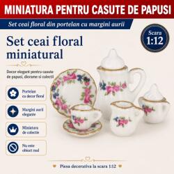 Hobbyplanet Set ceai floral din portelan cu margini aurii, miniatura 1: 12 pentru casute de papusi (C74961)