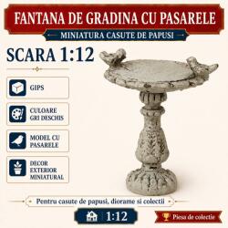 Hobbyplanet Fantana de gradina cu pasarele din gips gri deschis, miniatura 1: 12 pentru casute de papusi (CC30531)