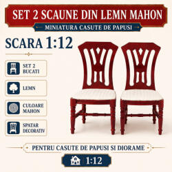 Hobbyplanet Set 2 scaune din lemn culoare mahon, miniatura 1: 12 pentru casute de papusi (V23409)