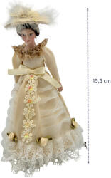 DOLLHOUSE Papusa din portelan scara 1 12 cu rochie bej de epoca, palarie si suport (CC2645) Papusa