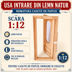 Hobbyplanet Usa intrare din lemn natur cu fereastra ovala, miniatura 1: 12 pentru casute de papusi (CC81039)
