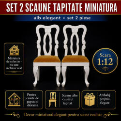 Hobbyplanet Set 2 scaune tapitate albe cu sezut maro, miniatura pentru casute de papusi si diorame (23364W)