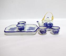 Hobbyplanet Set ceai chinezesc din portelan alb cu albastru cobalt, 6 piese, miniatura 1: 12 pentru casute de papusi (V29848)