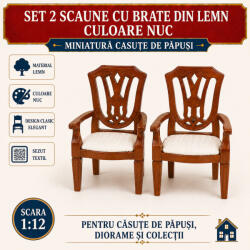Hobbyplanet Set 2 scaune cu brate din lemn culoare nuc, miniatura 1: 12 pentru casute de papusi (V23961)
