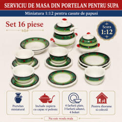 Hobbyplanet Serviciu de masa din portelan pentru supa, 16 piese, miniatura 1: 12 pentru casute de papusi (V29857)