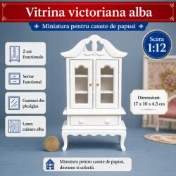 Hobbyplanet Vitrina victoriana alba cu 2 usi si sertar, miniatura 1: 12 pentru casute de papusi (V23854)