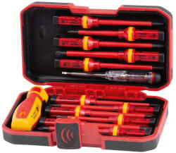 Strend Pro Csavarhúzókészlet, Strend Pro SDX61-113, piros, 12 db, villanyszerelő, szigetelt: 1000 V, PH, PZ, TX és lapos, egypólusú feszültségvizsgálóval (TC239562)