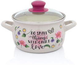 Metalac Oala cu capac din sticla Spring Metalac, email, 16cm, 2.2l, Crem cu motive florale (380505)
