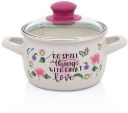 Metalac Oala cu capac din sticla Spring Metalac, email, 14cm, 1.55l, Crem cu model floral (380503)