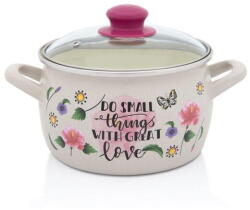Metalac Oala cu capac din sticla Spring Metalac, email, 18cm 3.1l, Crem cu motive forale (380506)