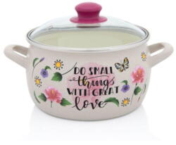 Metalac Oala cu capac din sticla Spring Metalac, email, 20cm, 4.2l, Crem cu motive florale (380507)