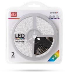 Avide RGB LED szalag szett 5V 7, 2W/m 30LED/m USB csatlakozó 2m IP65 ABLSBL5V5050-30RGB65 (ABLSBL5V5050-30RGB65)