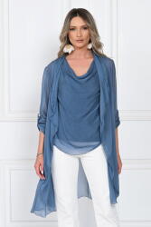 SHOPIKA Blazer dama midi din matase tip kimono, croi fluid pentru layering, albastru jeans Talie unica