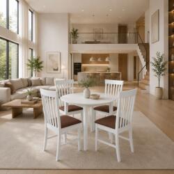 Malaezia Set masa bucatarie Sophia, MDF, rotunda, 90x74 cm si 4 scaune Glendale, stofa, 100 kg, 93x49x41.5 cm, alb maro (S4181,4262x4)