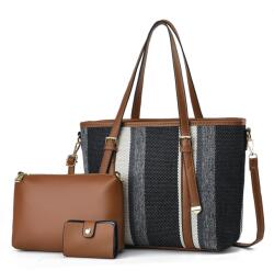 Dollcini Női Nagy Méretű Nylon Tote Kézitáska Szett - Neszeszerrel és Kártyatartóval, Kontrasztos Dizájn - Fekete (649511)