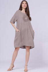 Rosa 99 Rochie midi din in cu floare din paiete pe piept, bej inchis Talie unica