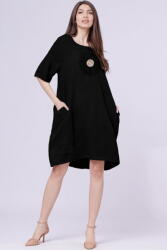 Rosa 99 Rochie neagra midi din in cu floare din paiete mate pe piept Talie unica