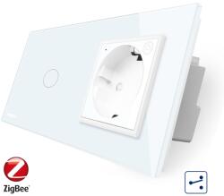 LIVOLO Intrerupator simplu cap scara / cap cruce ZigBee + priza simpla Livolo ZigBee, Rama din sticla, Control de pe telefon SmartElectro IntelligentHouse (VL-C701SZ/C7-C1EUZ-11)