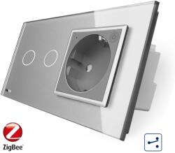 LIVOLO Intrerupator dublu cap scara / cap cruce, ZigBee + priza simpla Livolo ZigBee, rama din sticla, Control de pe telefon SmartElectro IntelligentHouse (VL-C702SZ/C7-C1EUZ-15)