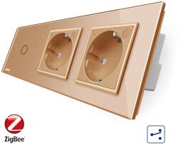 LIVOLO Intrerupator LIVOLO simplu ZigBee cap scara / cap cruce cu touch si 2 prize ZigBee din sticla, Control de pe telefon SmartElectro IntelligentHouse (VL-C701SZ/C7-C2EUZ-13)