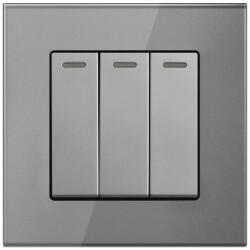 Techstar Intrerupator Triplu Cap Scara Cu Panou Din Sticla Securizata Techstar® TGS 01, 220V, 16A, 86 X 86 Mm, Gri, cu 3 Faze (SKU3164)