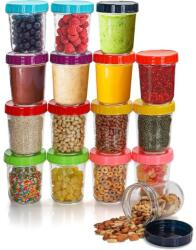 Belle Vous Set 16 borcane, Belle Vous, din sticla, 350 ml, capace colorate, etanse, fara BPA, pentru alimente, hrana bebelusi, condimente, Transparent (5060785628412)