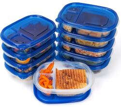 FRESHLY CONTAINED Set 10 caserole alimentare, FRESHLY CONTAINED, 3 compartimente, 780 ml, din plastic, fara BPA, capace etanse, reutilizabile, lavabile in masina de spalat vase, potrivite pentru cuptorul cu microunde s