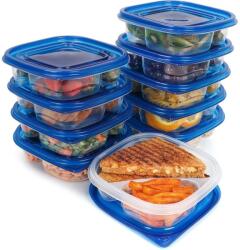FRESHLY CONTAINED Set 10 caserole alimentare, FRESHLY CONTAINED, 2 comportimente, 620 ml, din plastic, fara BPA, capace etanse, reutilizabile, lavabile in masina de spalat vase, potrivite pentru cuptorul cu microunde s