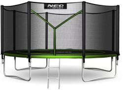 Neo-Sport , Kerti trambulin, átmérő: 404 cm, kerek, magasság: 80 cm, 180 cm külső védőháló, létra, acél váz, 4 dupla láb, 150 kg teherbírás, 72 db rugó, fekete/zöld (TENS-13Z231)