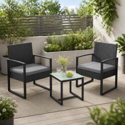 Brius Set mobilier pentru gradina cu 2 scaune cu perne si masuta, cadru metalic, impletitura PE, negru si gri (EZ-GGF010GZ02)