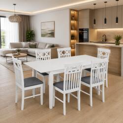 Malaezia Set masa living extensibila Miami, MDF, lemn masiv, 120 150 x 80 x 73.8 cm si 6 scaune Rebecca, stofa, 100 kg, 94x49x43.5 cm, alb gri (S4260,4266x6)