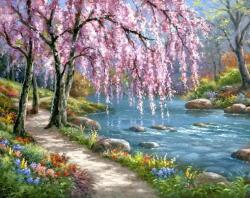 NORIMPEX - Puzzle Pictura cu diamante: Sakura copaci lângă râu 30x40cm - 1 - 39 piese