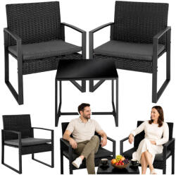 Lean Toys Rattan kerti bútor szett, két szék, asztal, terasz, erkély, fekete (5905991092575)