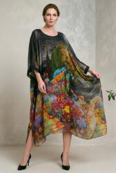 SHOPIKA Rochie lunga dama din matase vaporoasa, croi lejer oversize tip kaftan, imprimeu pictural pe fond negru Talie unica