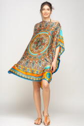SHOPIKA Rochie de plaja tip poncho din matase cu mandala centrala in chenar portocaliu si albastru Talie unica