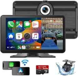  Dasbo® Univerzális Multimédiás Autós Navigáció, 7 hüvelykes Érintőképernyős Kijelző, 2k Első + 1080P Hátsó Kamera Tartozék, Vezeték Nélküli Apple Carplay és Android Auto, Bluetooth, FM Rádió,