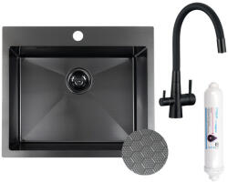 Laveo MALAWI fekete színű, struktúrált felületű beépíthető inox mosogató szifonnal, RIVECO vízszűrős szettel, 50x58x20 cm (SLMA_710F) - modernkonyha