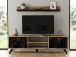  Comoda TV ZEN 160 cm cu polita de perete, decor nuc/marmura neagra
