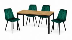 Klubfotel Étkezőasztal szett: Tessa 120x60 artisan tölgy/fekete lábak + 4 db DORA szék sötétzöld/fekete lábbal