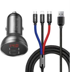 Baseus autós töltő 24 W-os kijelzővel + 3 az 1-ben Baseus három színű 1, 2 m-es USB kábel