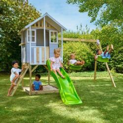 TP Toys Casuta de gradina TP TOYS, Snowdrop Cottage, cu platforma cu loc pentru nisip, tobogan si leagan dublu, lemn, gri/maro/alb (TP9792) Casuta pentru copii