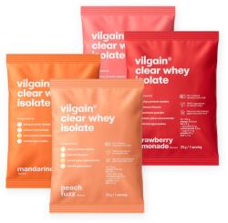 Vilgain Clear Whey Taste Test -⁠ proteinek ízválasztéka friss gyümölcsös ízzel, sztéviával édesítve, több mint 84% fehérje