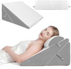 Linomag Set 3 Perne Ortopedice Reglabile 10 în 1 Linomag®, Forma de Pana, pentru Somn Confortabil, Recuperare Post-Operatorie si Suport pentru Spate, Gat si Picioare, Husa Detasabila si Lavabila, Alb/Gri Plum