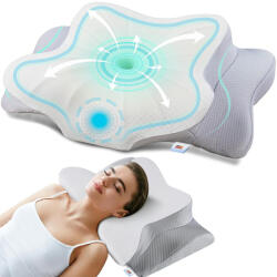Linomag Perna Ortopedica Cervicala pentru dormit Linomag®, Spuma cu Memorie, Husa lavabila, Suport pentru gat, umeri si brate, Alb/Gri deschis, 62 x 38 x 9-13 cm (pdag)